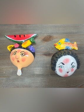 VINTAGE MEXICAN COCONUT SHELL FOLK ART, Set of 2 Hand painted Wall Decor 7” Tall